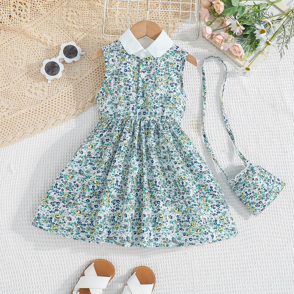 Váy xinh bé gái 4-7 Tuổi đầm công chúa Phong Cách Không Tay Cài Nút Họa Tiết Hoa Nhỏ thời trang mùa hè cho bé trẻ em