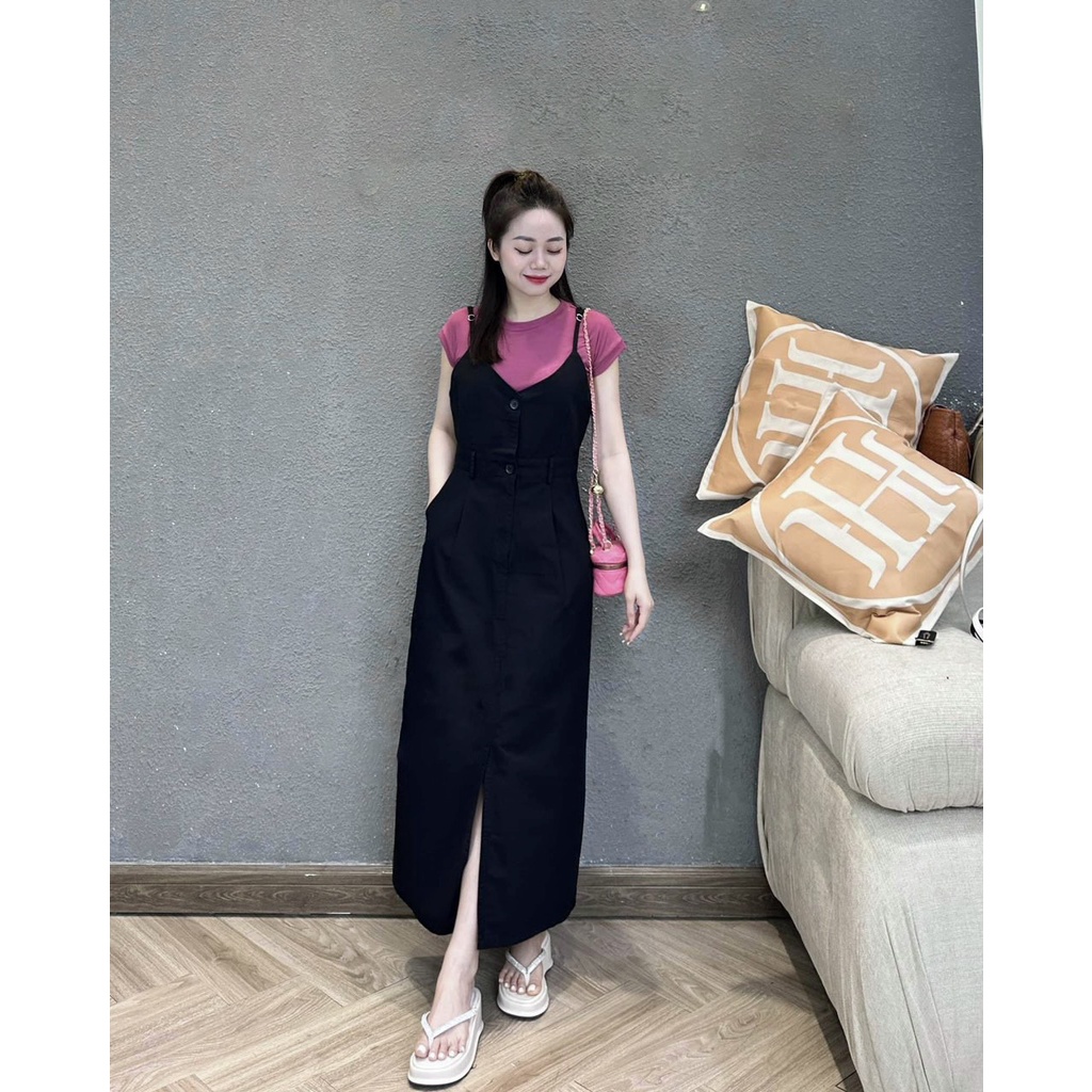 ✨BÁN SỈ✨Set áo hồng mix đầm hai dây xẻ trước chất co giãn