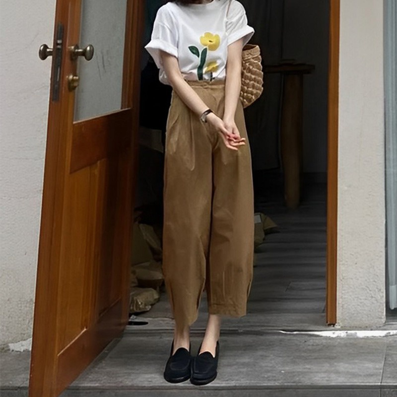 Áo Thun 100% Cotton Tay Ngắn Cổ Tròn In Họa Tiết Phong Cách Hàn Quốc Cho Nữ