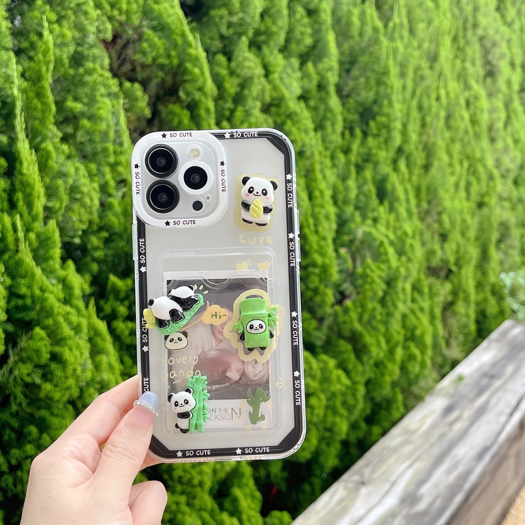 Ốp Điện Thoại TPU Silicon Mềm Trong Suốt Hình Gấu Trúc 3D Có Ngăn Đựng Thẻ Cho iPhone 14 13 12 11 Pro XR XS Max 7 8 Plus