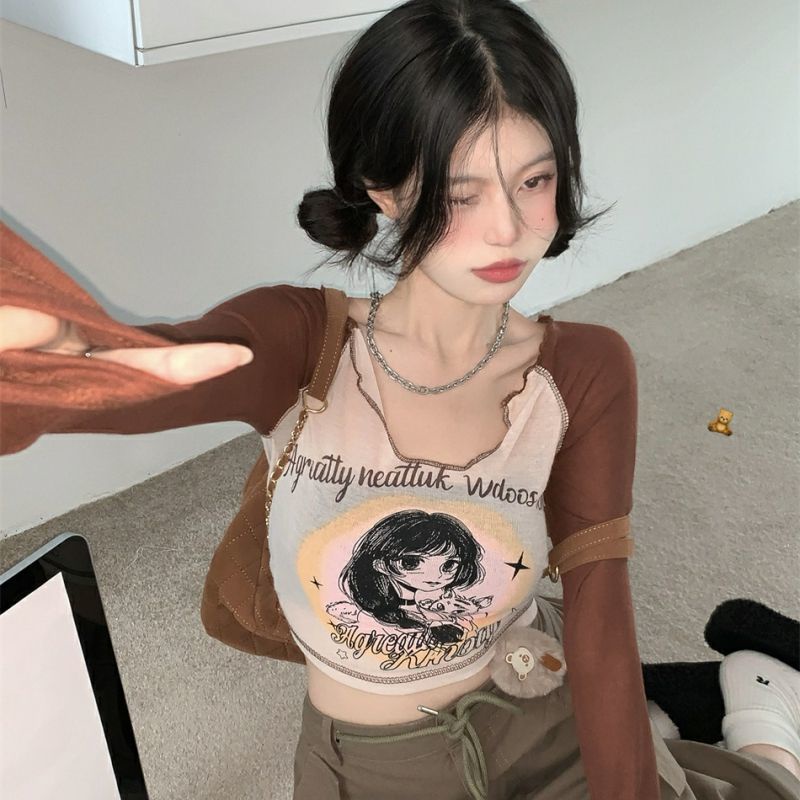 Áo baby tee Thun croptop Lửng Tay Dài Dáng Ôm Màu Sắc Tương Phản Thời Trang Cho Nữ