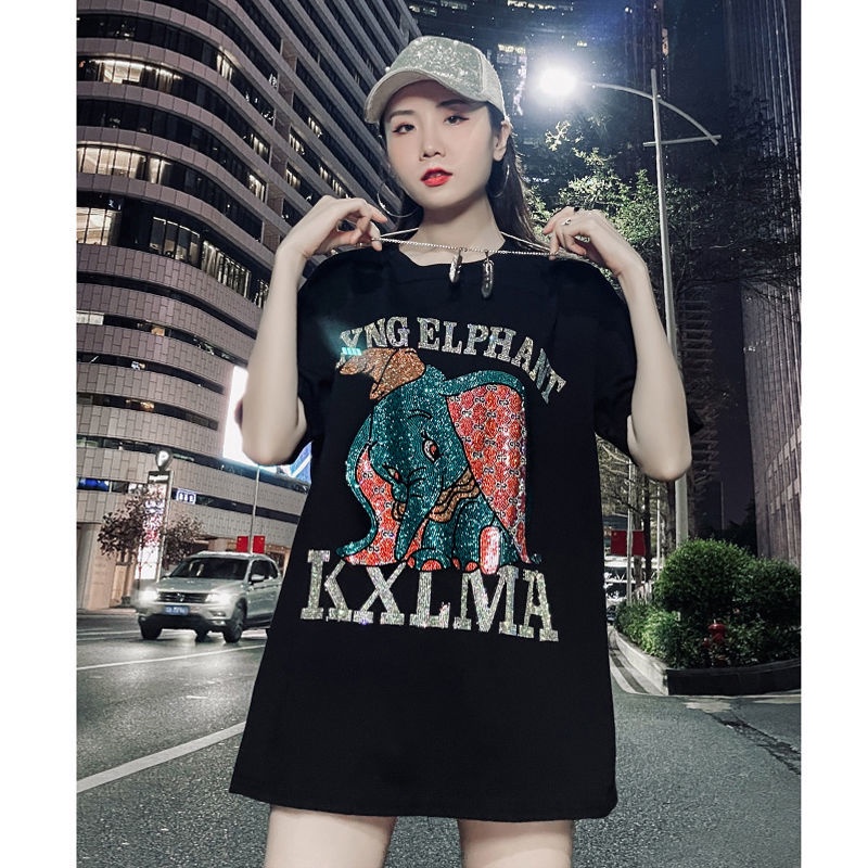 Áo Thun Tay Ngắn Dáng Rộng In Chữ Hoạt Hình Đính Đá Thời Trang Mùa Hè Cho Nữ Từ 2-150kg