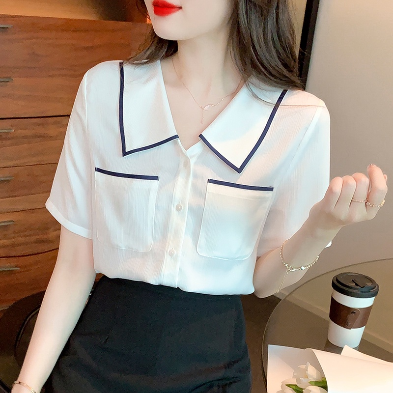 Áo Sơ Mi Satin Tay Ngắn Màu Sắc Tương Phản Phong Cách Pháp Chất Lượng Cao Cho Nữ
