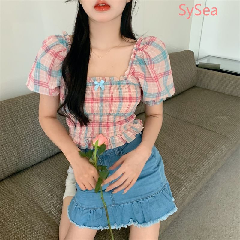 Áo Kiểu Tay Phồng Họa Tiết Sọc Caro Phong Cách Pháp