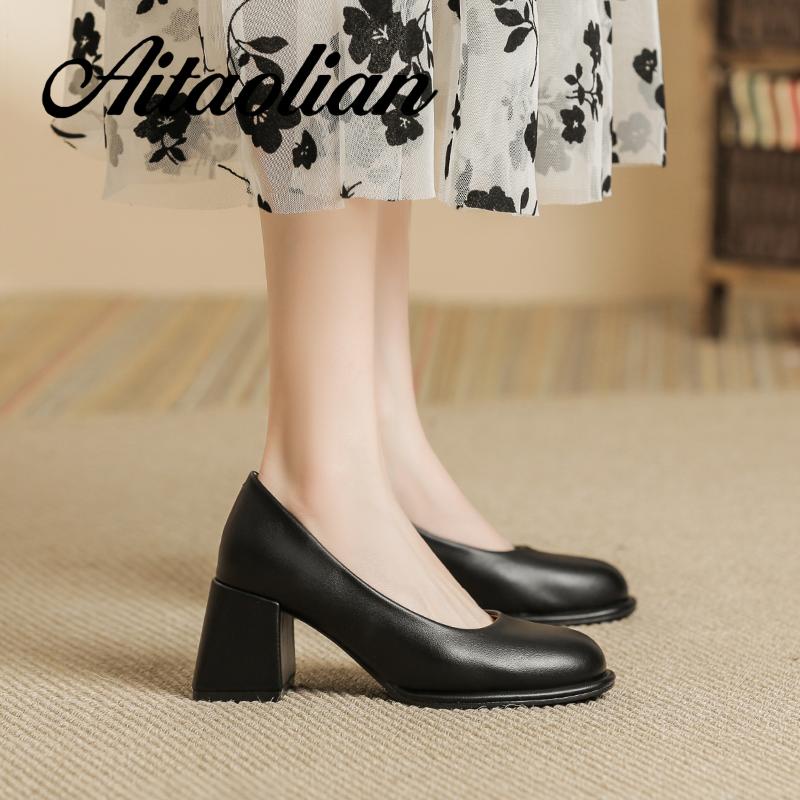 Giày Cao Gót 5cm Da Thật Mũi Vuông Phong Cách retro Anh Quốc Cho Nữ