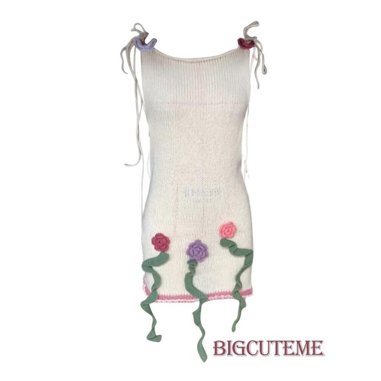 [] [] Đầm Dệt Kim Hai Dây Không Tay Thắt Nơ In Hoa Mùa Hè Cho Nữ