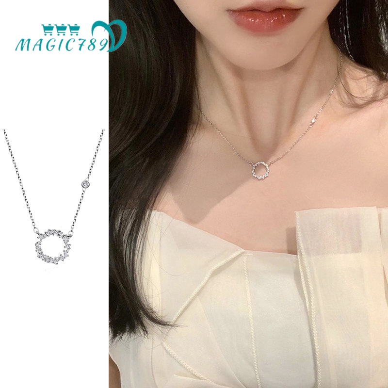 Vòng cổ Bạc Mặt Tròn Rỗng Đính Đá Zircon Lấp Lánh Thời Trang Phong Cách Hàn Quốc Magic789 Cho Nữ