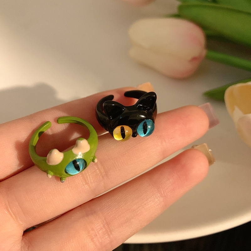 Nhẫn Hở Hình Mèo Mắt To Màu Đen Dễ Thương Có Thể Điều Chỉnh