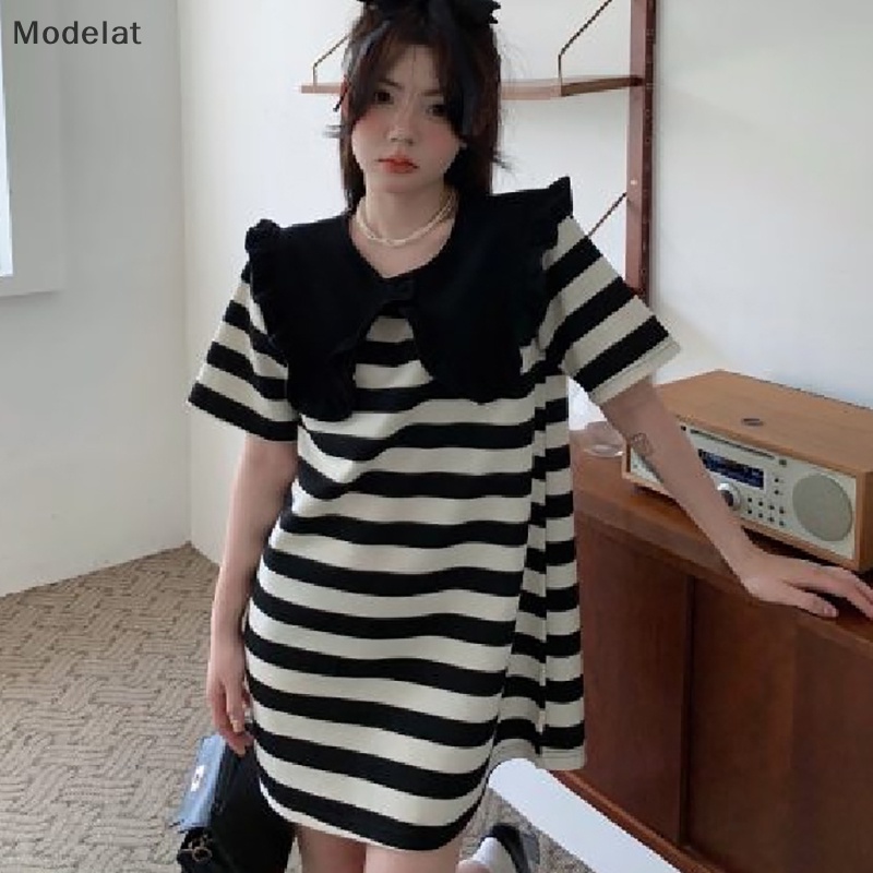 Mfc Đầm Tay Ngắn Dáng Rộng Họa Tiết Kẻ Sọc Chắp Vá Màu Ấm Trẻ Trung Cho Nữ Sinh