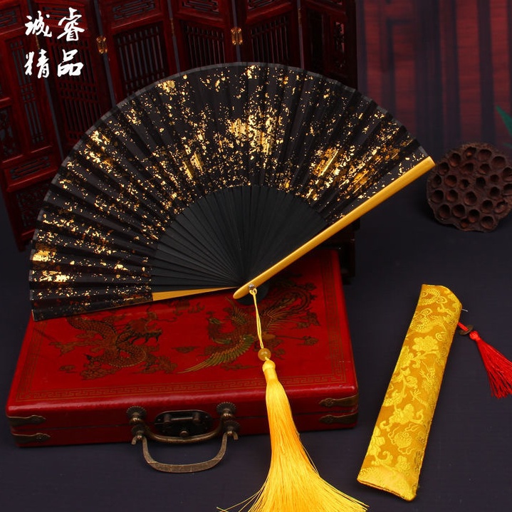 Dmo-Quạt Gấp Cầm Tay Họa Tiết Thổ Cẩm vintage