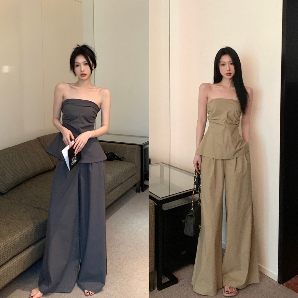 Set Áo Bra Không Tay + Quần Dài Ống Rộng Màu Sắc Đơn Giản Phong Cách Hàn Quốc Cho Nữ