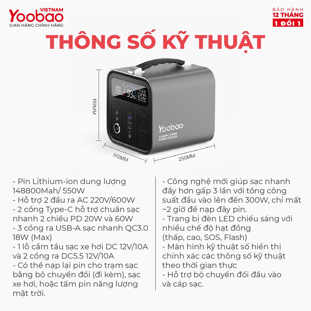 Trạm sạc dự phòng EN600S Dung lượng 135200mAh Sạc nhanh PD60W 220V/600W Màn hình LED Có Tích hợp đèn pin sáng