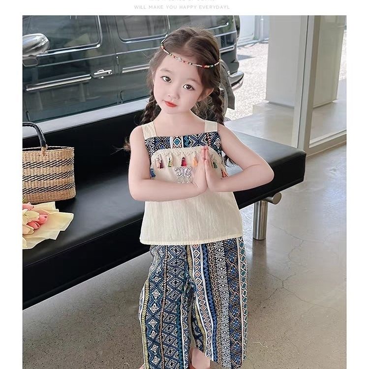 Set Áo Hai Dây Thêu Họa Tiết Thổ Cẩm + Quần Thời Trang Cho Bé Gái