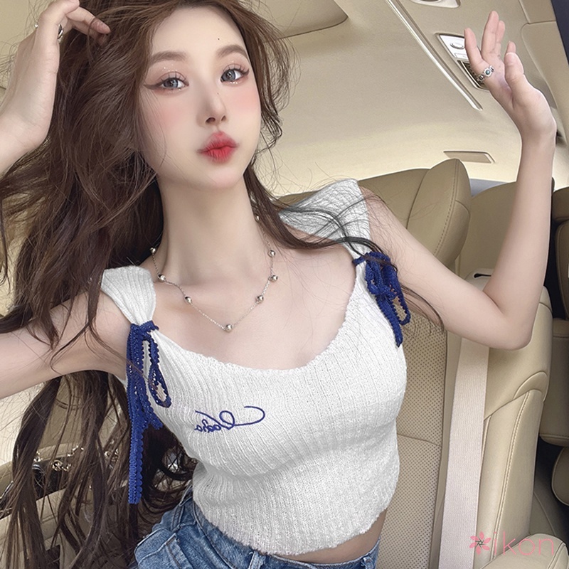 Áo Croptop Sát Nách Màu Sắc Tương Phản Cột Nơ Phong Cách Hàn Quốc Cho Nữ