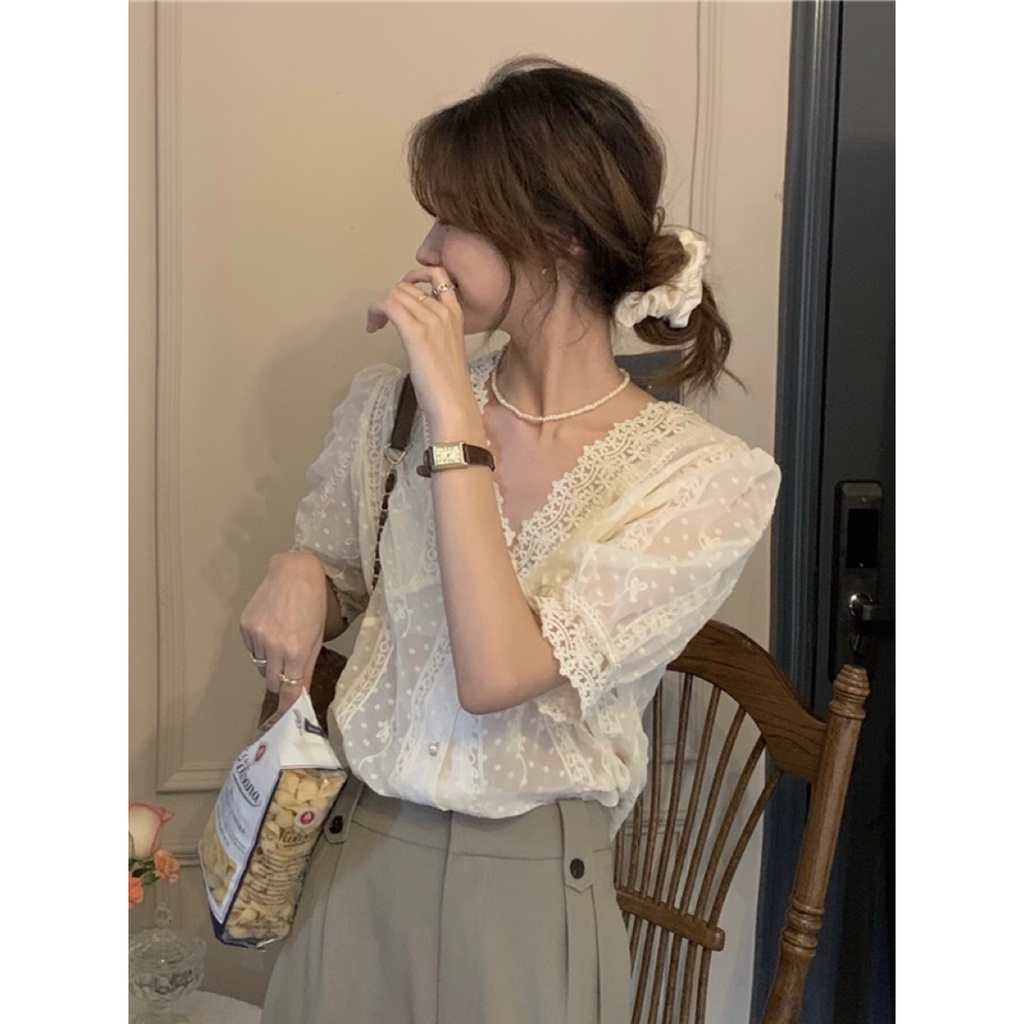 Áo sơ mi SUXI tay ngắn cổ chữ V dáng rộng đơn giản thời trang mùa hè cho nữ