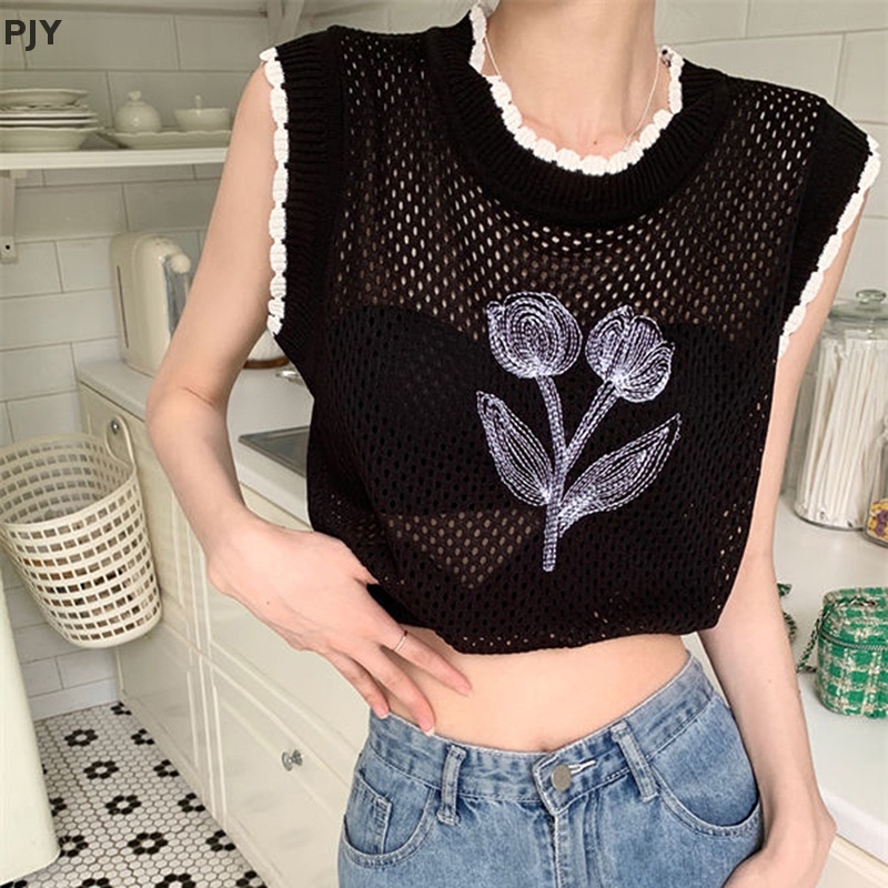 Áo Dệt Kim Sát Nách Dáng Rộng In Hoa Khoét Rỗng Kiểu Retro Thời Trang Mùa Hè Cho Bạn Gái PJ