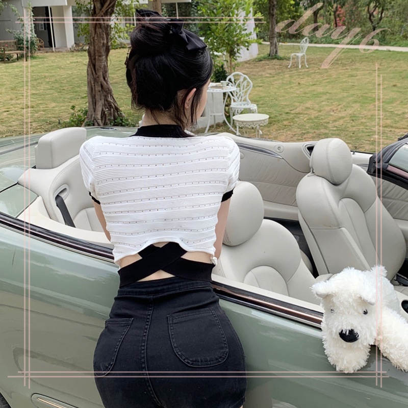 Áo Thun Dệt Kim Tay Ngắn Cổ Tròn Phong Cách Hàn Quốc Dành Cho Nữ