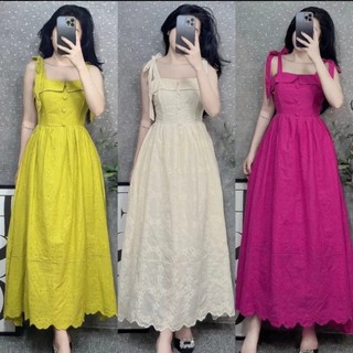 Mã MB64 Đầm hai dây cúc bọc đi biển hoạ tiết hoa thêu