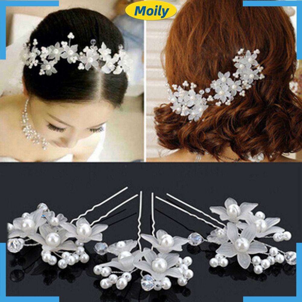 Bộ 6 Cài Tóc Cô Dâu Màu Trắng / Đỏ|Kẹp Tóc Đính Đá Thời Trang Cho Nữ