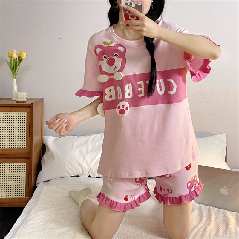 Bộ Đồ Ngủ In Họa Tiết Hoạt Hình Dễ Thương Phong Cách Hàn Quốc Thời Trang Mùa Hè Thu Cho Bạn Gái