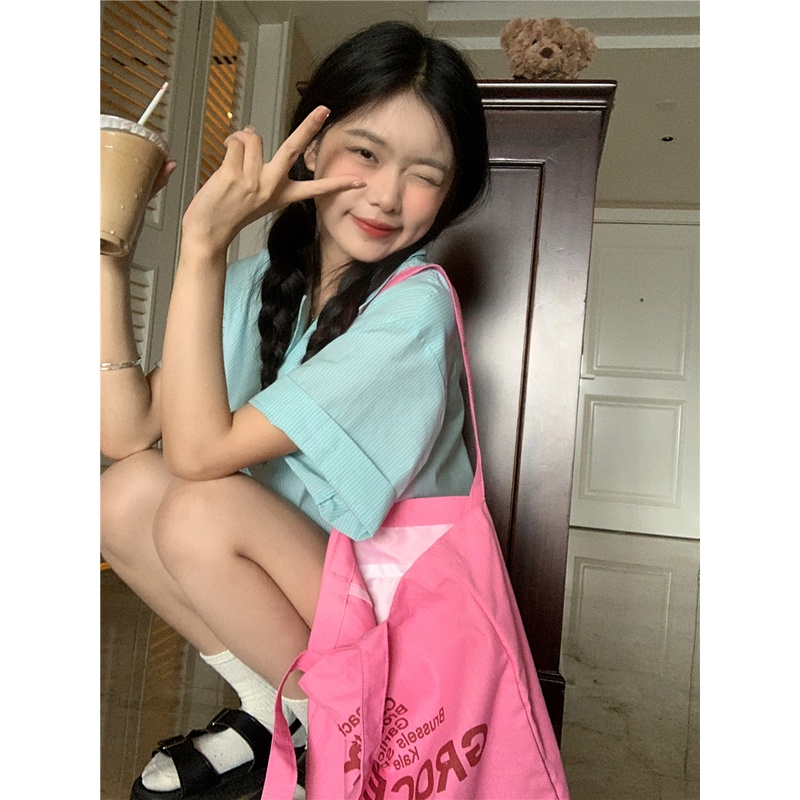 SUXI Áo Sơ Mi Tay Ngắn Dáng Rộng Họa Tiết Kẻ Sọc Màu Sắc Đơn Giản Thời Trang Mùa Hè Cho Nữ