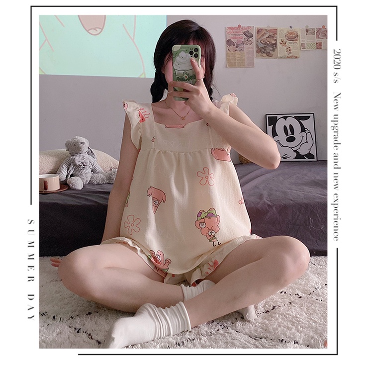 Bộ Đồ Ngủ Hai Mảnh Áo Hai Dây Phối Quần Short Phong Cách Công Chúa Ngọt Ngào Thời Trang Mùa Hè Mới Dành Cho Bạn Nữ