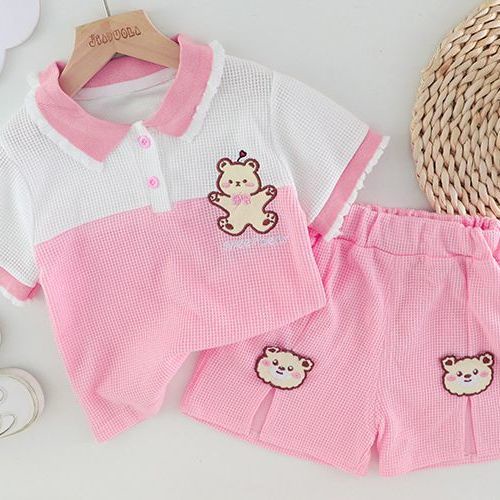 Bộ Áo Liền Quần Hai Mảnh Mùa Hè Tay Cộc In Họa Tiết Gấu Phong Cách Mới Cho Bé Gái