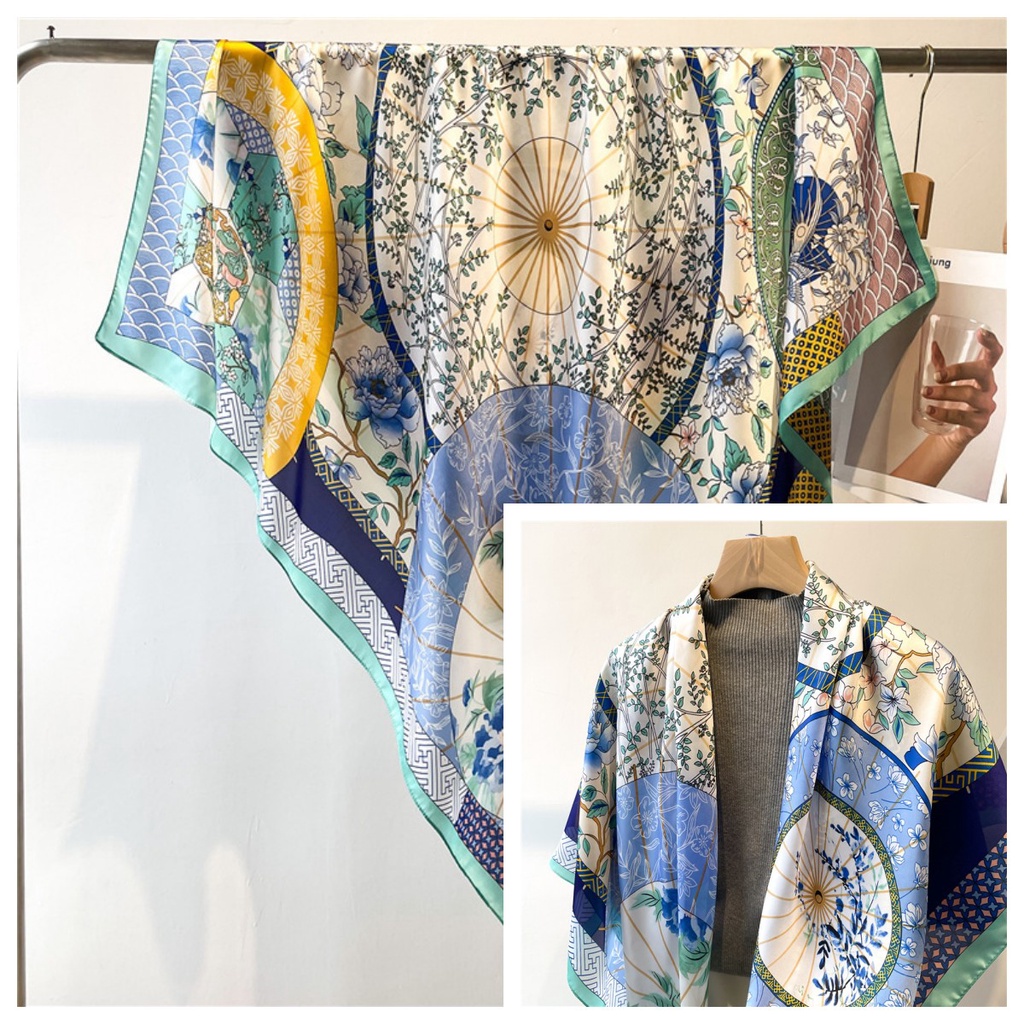 Khăn Choàng Lụa Satin Vuông 110cm In Họa Tiết Hoa / Xương Cá Kiểu Retro Dễ Phối Đồ Cho Nữ