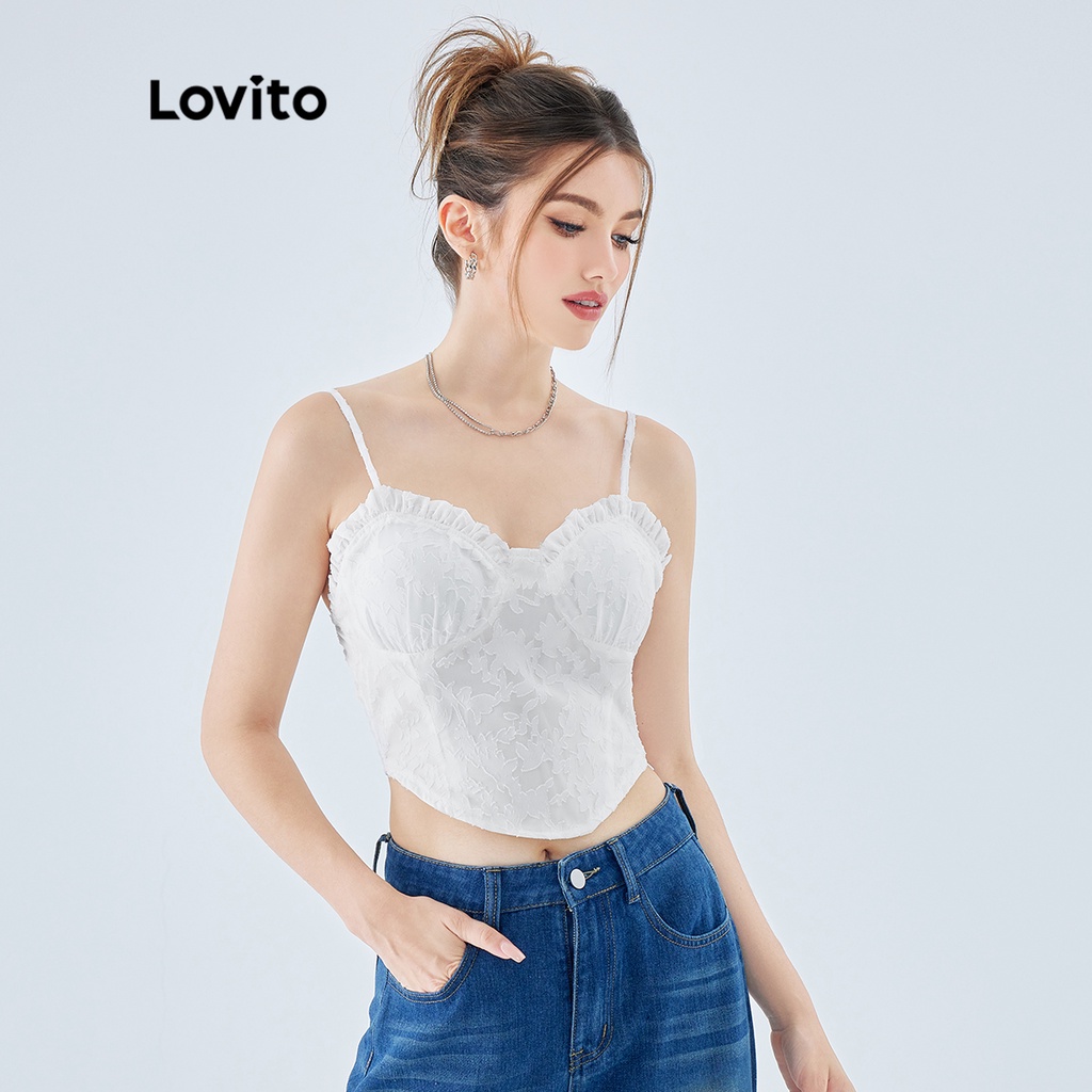 Áo crop top Lovito không tay xếp nếp màu trơn thường ngày dành cho nữ L49ED006 (màu trắng)