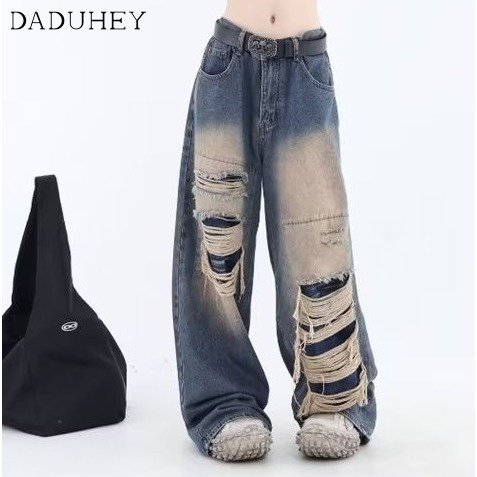 DaDuHey Men's and Women's 2023 New Hong Kong Style Retro High Waist Loose All-Match Ripped Jeans Ins Hip Hop Trend Baggy Straight Casual Pants