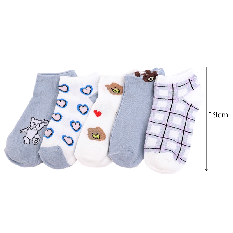 Bộ 5 Đôi Vớ Ngắn Bằng Cotton Thoáng Khí Chống Trượt Họa Tiết Gấu Hoạt Hình Phong Cách Harajuku Cho Nữ
