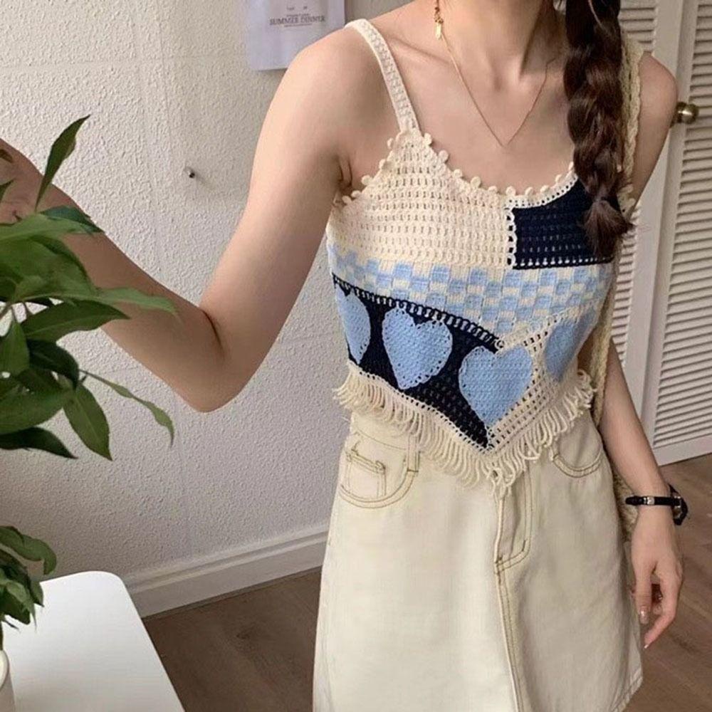 Áo Croptop Dệt Kim Hai Dây Tua Rua Hình Trái Tim Nhiều Màu Sắc y2k