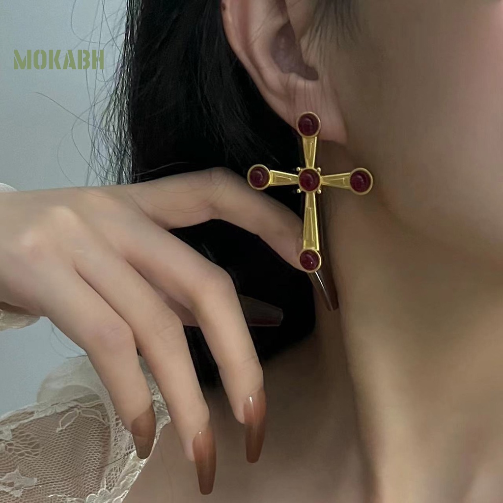 1 Đôi Bông Tai Hình Thánh Giá Bằng Thủy Tinh Màu Sang Trọng Phong Cách Trung Cổ Dành Cho Nữ