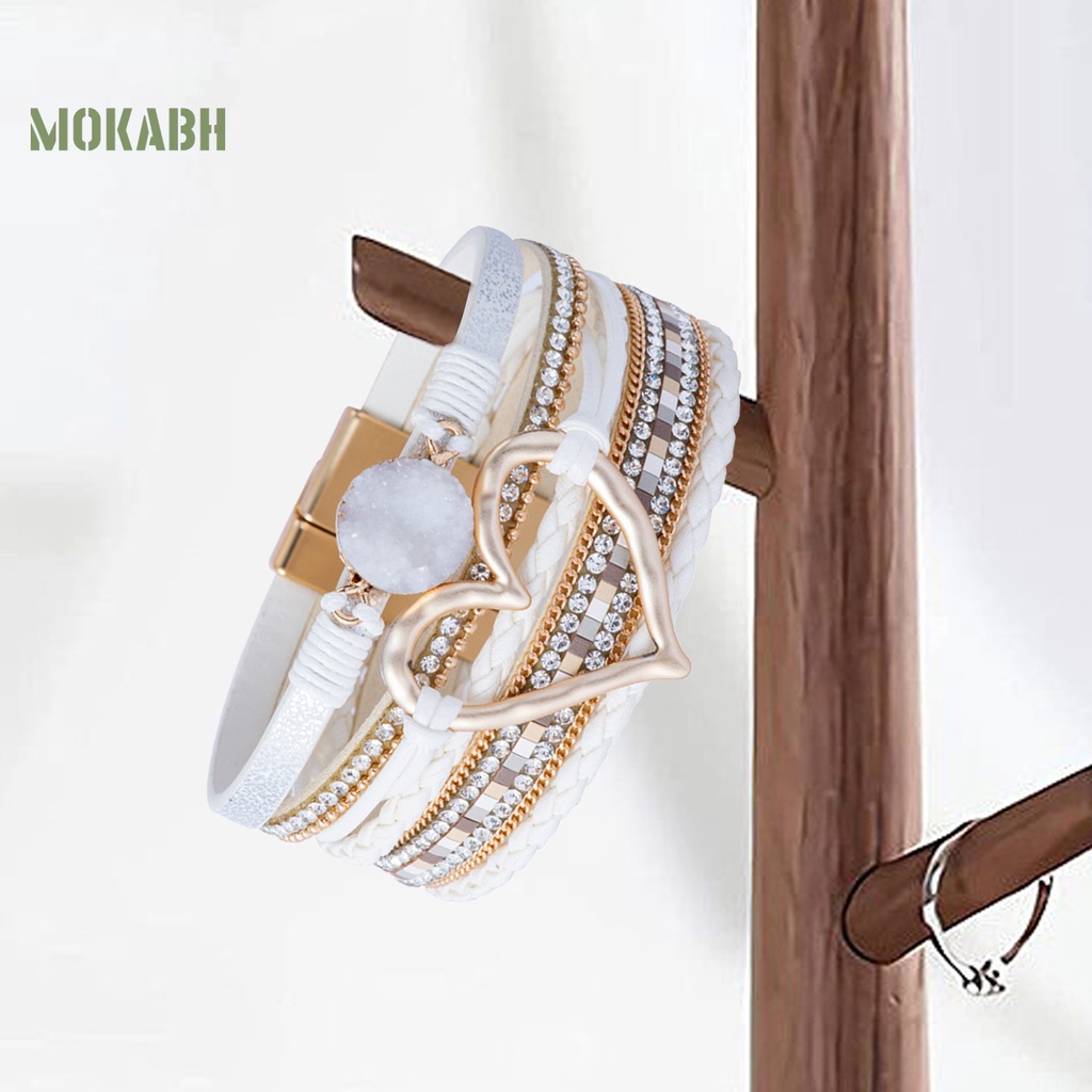 Vòng Tay Giả Da Nhiều Lớp Đính Đá Hình Trái Tim Phong Cách Bohemian Dành Cho Nữ