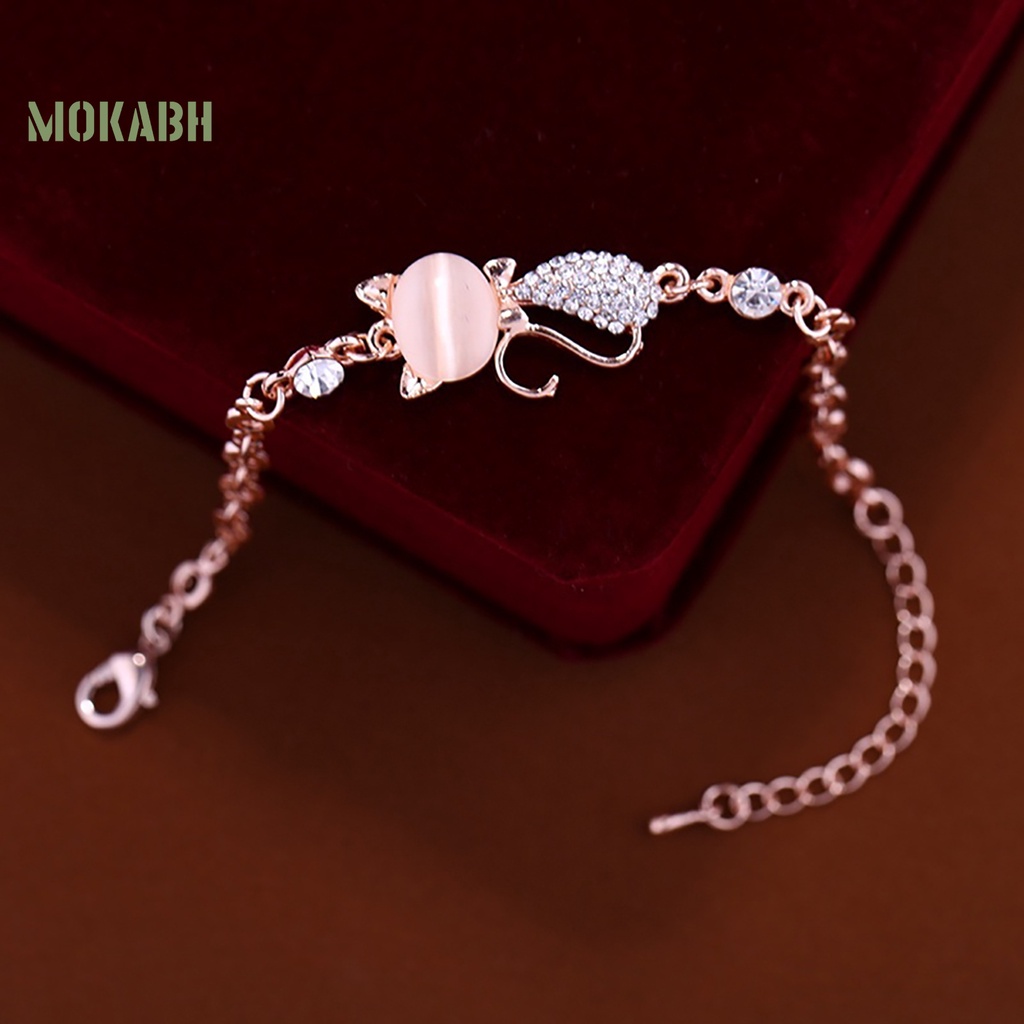 Vòng Đeo Tay Mặt Hình Mèo Đính Đá Opal Dễ Thương Cho Nữ