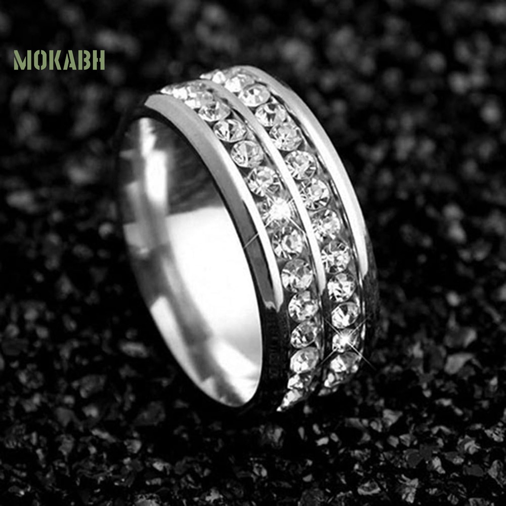 Nhẫn Titan Bản Rộng Hai Hàng Không Phai Màu Đính Đá Cho Nam Và Nữ