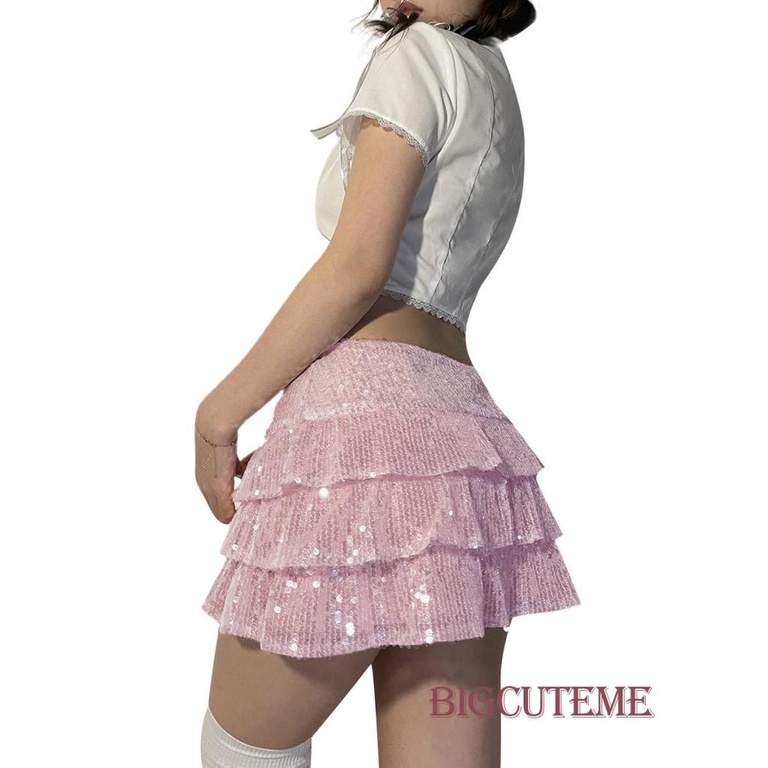 Chân Váy Ngắn Xếp Tầng Đính Kim Sa Màu Hồng Thời Trang Dành Cho Nữ