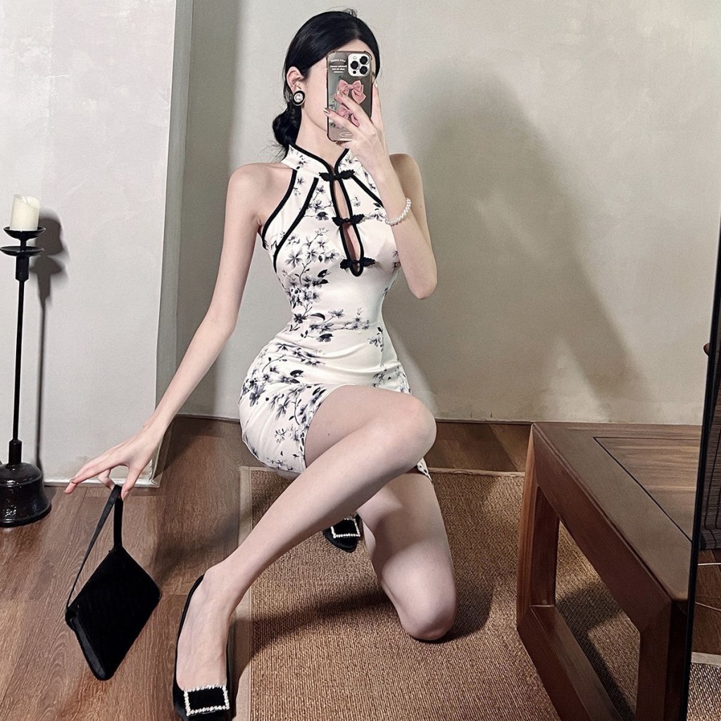 Zbus áo sườn xám cách tân sườn xám trung hoa sườn xám sexy Đầm Sườn Xám Ngắn Ôm Hông In Họa Tiết Màu Trắng Nhỏ Nhắn Dành Cho Mẹ Bầu