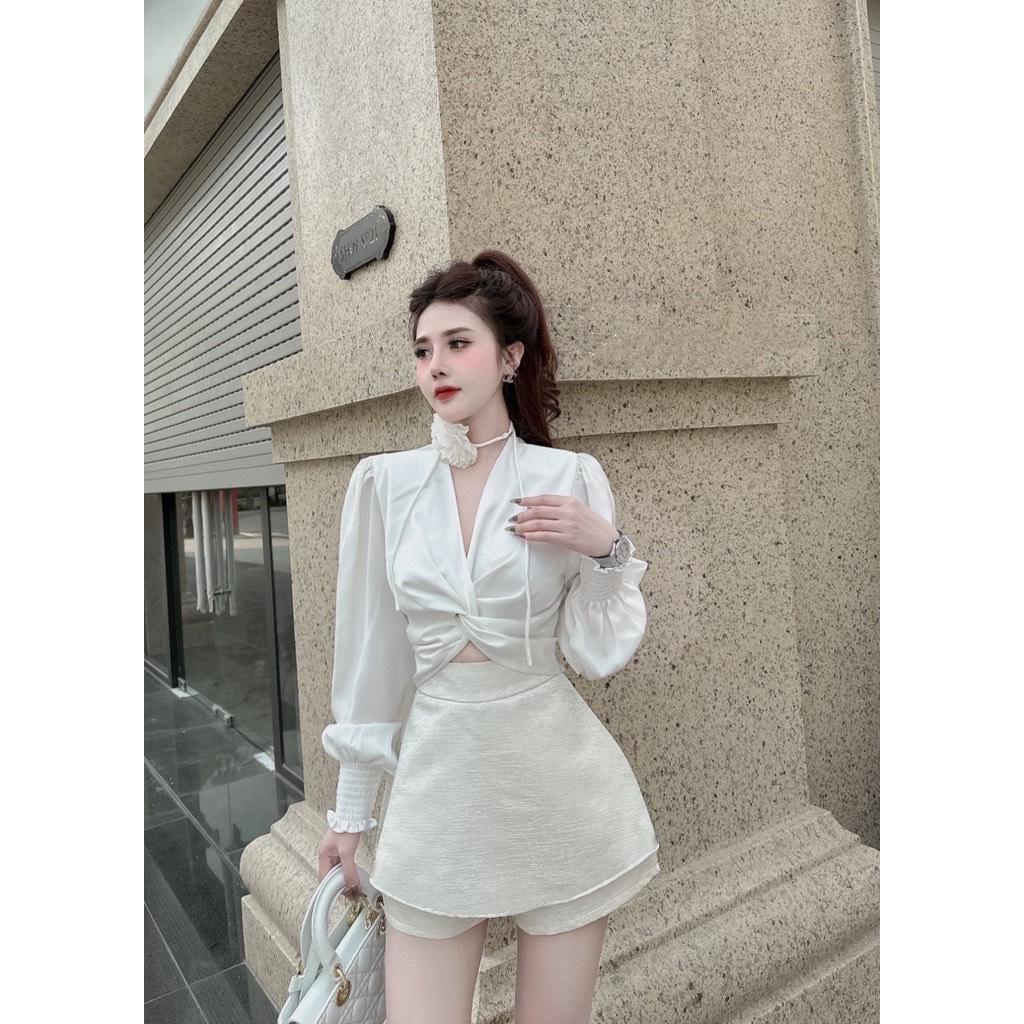 Sét áo kiểu và quần váy gồm áo crotop chất satin lụa mix quần váy chất tafta ánh kim freesize tặng hoa dây S319 KimHoa77