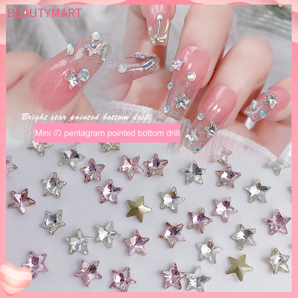 [beautymart] Túi 10 Móng Tay Giả Pha Lê Lấp Lánh Không Rơi Trang Trí Nghệ Thuật Móng Tay Mini Màu Trắng Hồng Ngôi Sao Năm Cánh