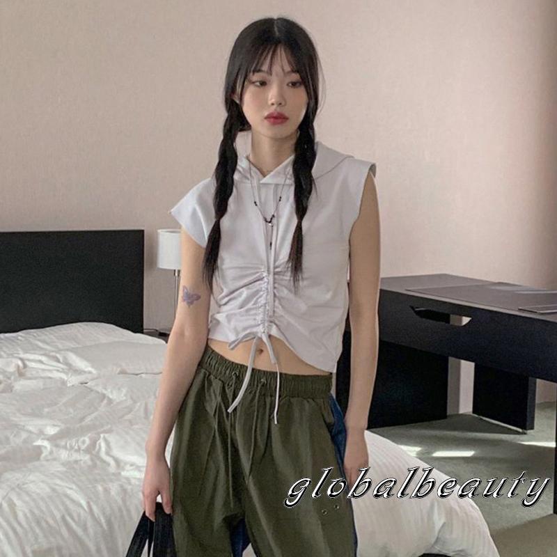 Áo Thun Crop Top Tay Ngắn Có Nón Rút Dây Màu Sắc Đơn Giản Dành Cho Nữ