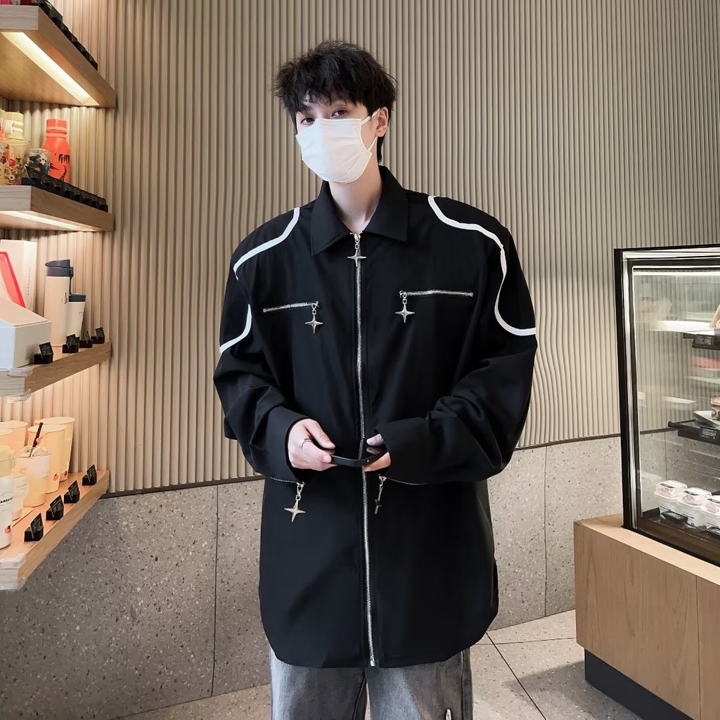 Áo Sơ Mi Trắng Tay Dài Dáng Rộng Có Khóa Kéo Phong Cách Hàn Quốc Thời Trang Xuân Hè Cho Nam