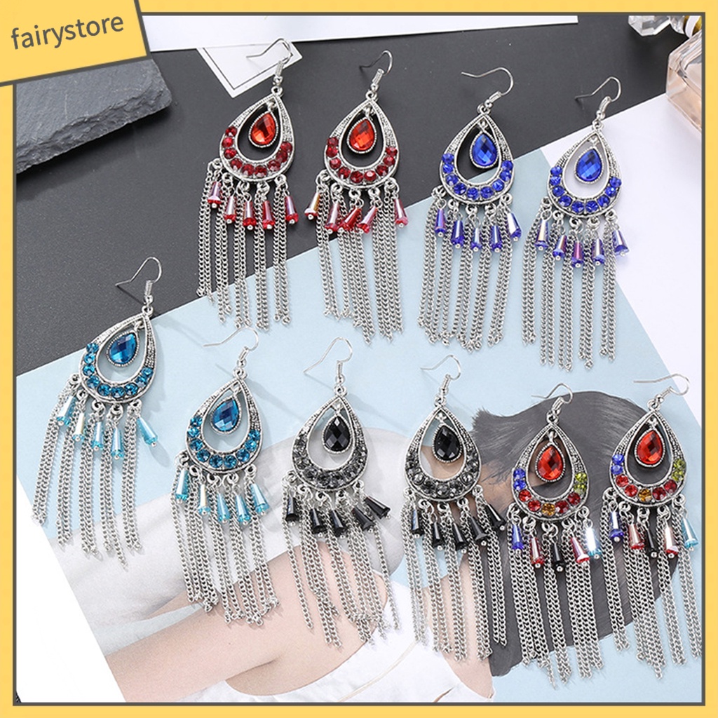 1 Đôi Bông Tai Hình Giọt Nước Đính Đá Phối Tua Rua Phong Cách Vintage