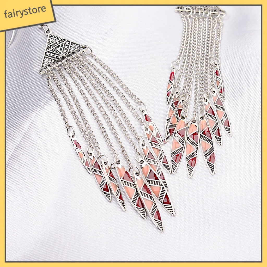 1 Đôi Bông Tai Dáng Dài Mặt Tam Giác Phối Tua Rua Phong Cách Vintage