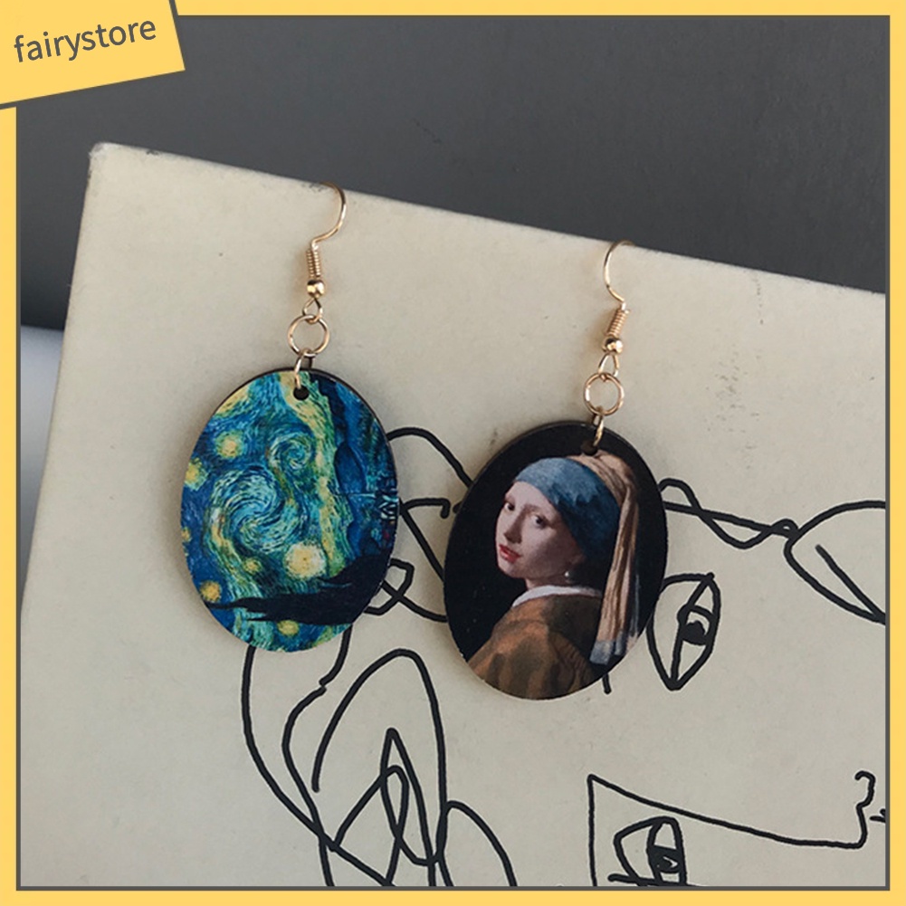 [FRO] Khuyên Tai Móc Bằng Gỗ Tráng Men Họa Tiết Tranh Sơn Dầu Không Đối Xứng Nich