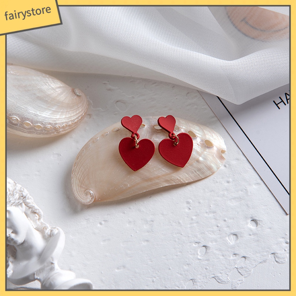 1 Đôi Bông Tai Hình Trái Tim Dáng Dài Hai Lớp Chống Mài Mòn Thời Trang Công Sở