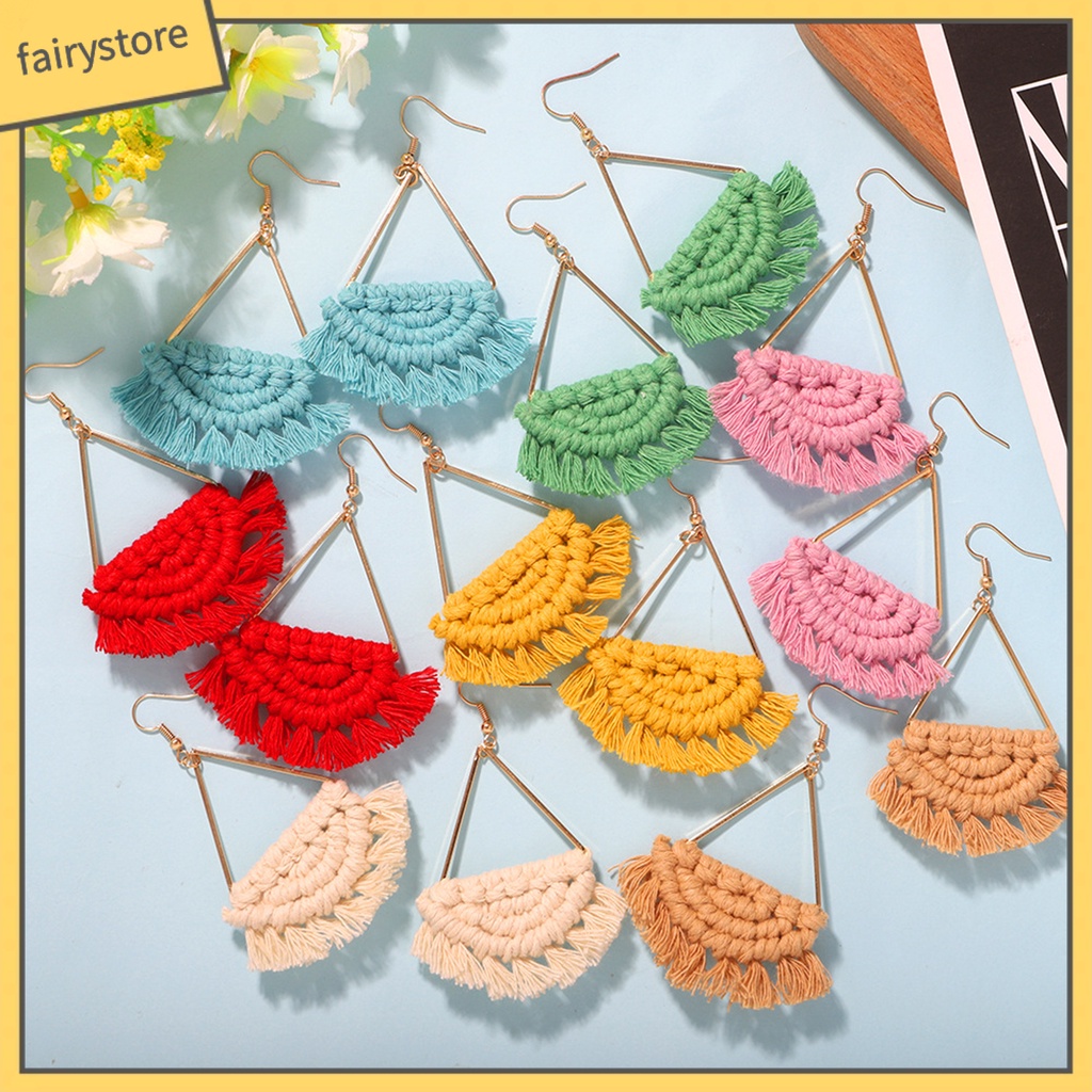 [FRO] 1 Đôi Bông Tai Móc Tua Rua Bện Khối Lượng Nhẹ Phong Cách Bohemia Đi Biển