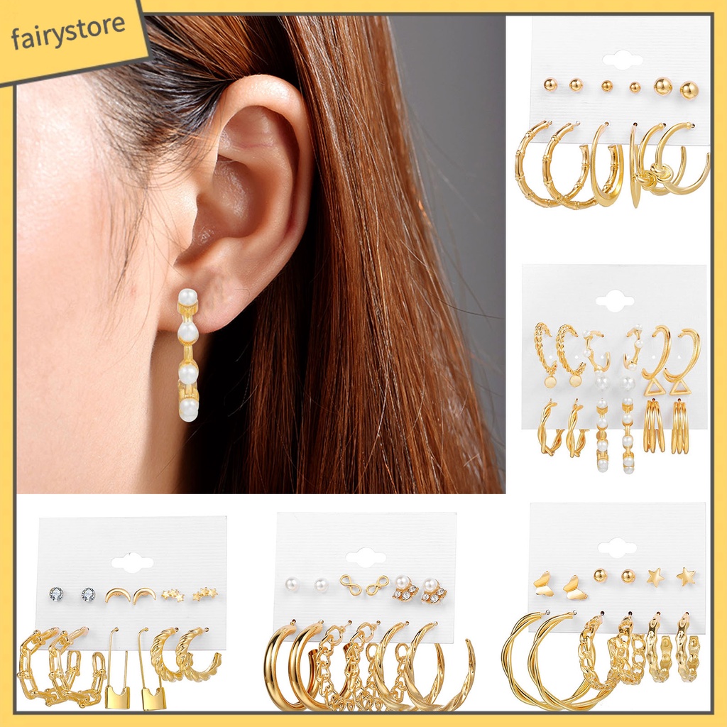 Set 6 Đôi Bông Tai Khoen Tròn Đính Ngọc Trai Giả Sang Trọng Cho Nữ