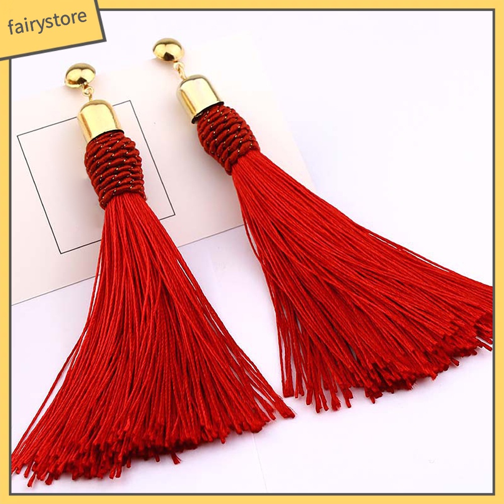 Bông Tai Dài Đính Đá Tua Rua Phong Cách Bohemian Dành Cho Cô Dâu