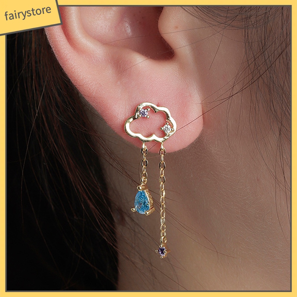 Bông Tai Hình Đám Mây / Giọt Nước Đính Đá Phối Tua Rua Dễ Thương Thời Trang Cho Nữ